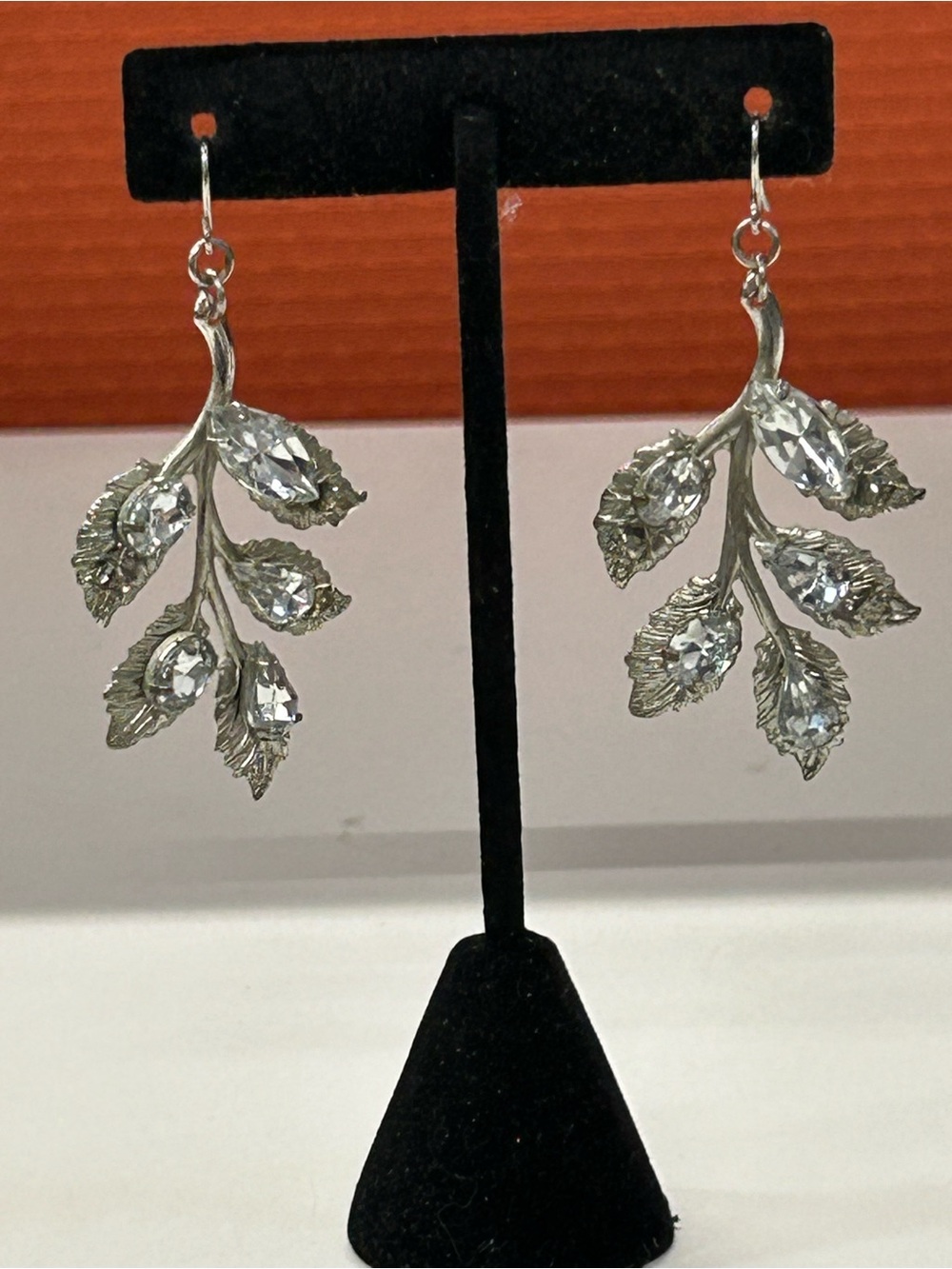 Stunning Silver tone Leaf marquis cut Crystal Drop Earrings - Women Jewelry